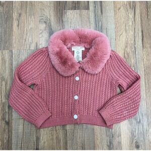Happily Grey‎ Kids 2T Pink Knit Sweater Faux Fur Collar Button Front